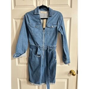MEBON Denim Utility Jumpsuit Shorts Set Belted Zip Front Short Sleeve Women's M‎